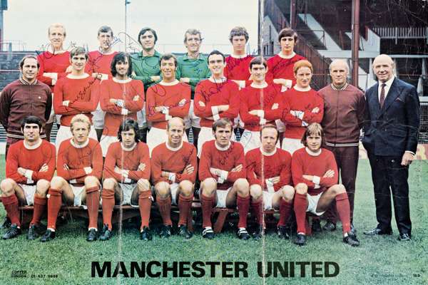 Signed Manchester United poster card by Coffer, London, circa 1970s,
 the team in seated and standing formation in the ground with manager Sir Matt Bu