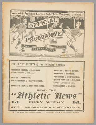 Woolwich Arsenal v Blackburn Rovers programme 5th December 1908,
 F.L. Division One fixture played at the Manor Ground, Plumstead