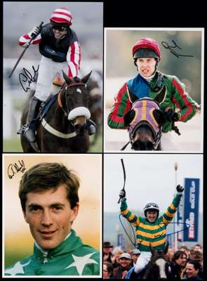 An album of signed photographs of National Hunt jockeys, in sleeves in a ring binder file, 8 by 10 & 10 by 12in., colour & b&w, 106 photographs bearin