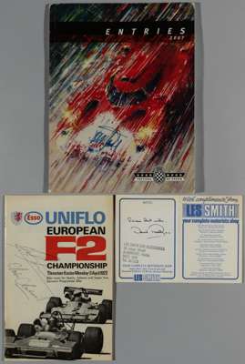 Three signed motor racing signed items, 
 comprising Uniflo European F2 Championship programme, held at Thruxton on 3rd April 1972, signed by Mie Hail