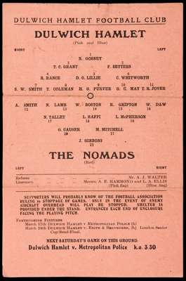 31 Dulwich Hamlet home programmes season 1944-45, including fixtures v The Nomads, Met Police, and Erith v Tooting London Senior Cup Final, all have f