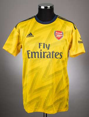 Mesut Ozil yellow and blue No.10 Arsenal short-sleeved jersey, 2019-20, 
 Adidas, M, with crew-neck collar and embroidered cloth badge inscribed Arsen
