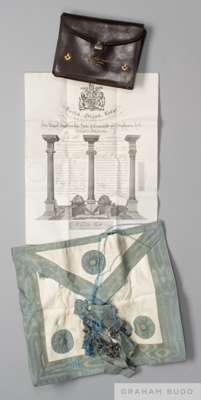 Tom Wilson masonic apron and certificate
 dated 24th August 2917 in original leather case with gilt-tooled lettering Bro. Thomas Wilson, Unity Lodge, 