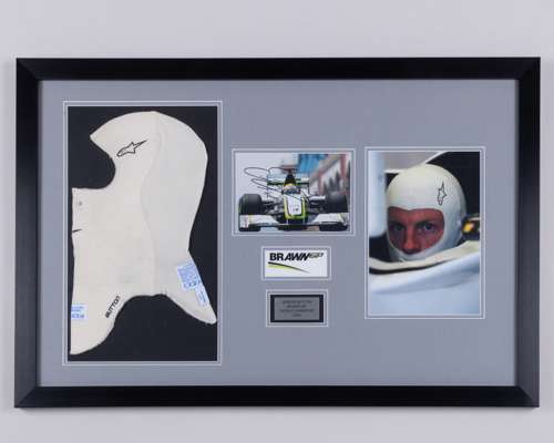 Jenson Button 2009 Brawn GP Framed Race Used Balaclava With Signed Photo