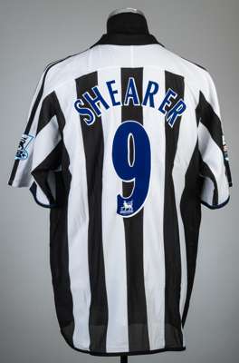 Alan Shearer black and white striped Newcastle United no.9 home jersey, season 2003-04,
 Adidas, short-sleeved with BARCLAYS PREMIER LEAGUE sleeve bad
