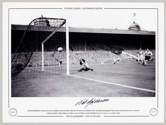 Bolton Wanderers 1953 F.A Cup final Nat Lofthouse large 16 by 12in. autographed Limited Edition display photograph, Lofthouse scoring the opening goal