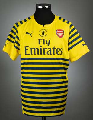 Yellow and navy Arsenal F.A. Cup Final un-numbered jersey v Aston Villa, played 30th May 2015,
 match issue, Puma, short-sleeved, No sleeve badges, em