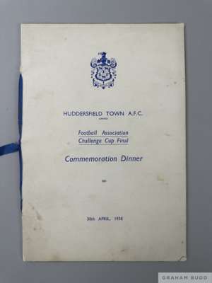 Tom Wilson Huddersfield Town 1938 F.A.Cup Final Commemoration Dinner menu 
 the team line up page autographed lacking Brown & Chivers, the back cover 