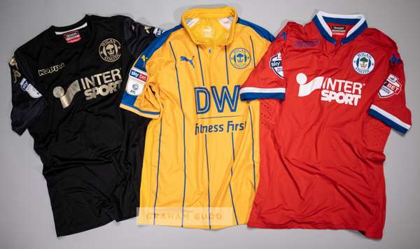 Three signed Wigan Athletic jerseys, season's 2015-16, 2017-18 and 2018-19,
 comprising Jordy Hiwula red, blue and white no.30 third change short-slee