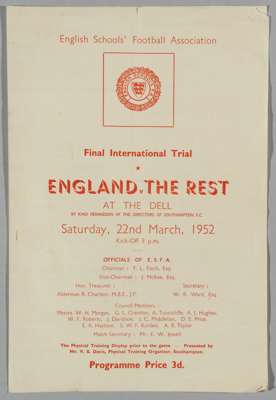 Very rare English Schools trials between England v The Rest XI programme, played at Southampton on 22nd March 1952 featuring Manchester United's Dunca