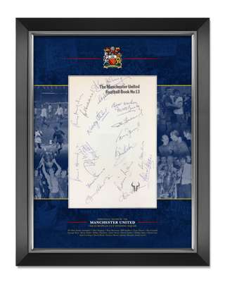 Manchester United 1968 European Cup Winners signed / framed display by 13 players, manager & trainer upon page from International Football Book No13,
