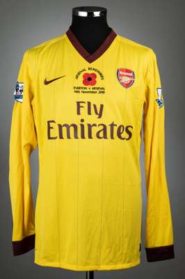 Denilson yellow and claret Arsenal no.15 Poppy jersey v Everton, played at Goodison Park, 14th November 2010, 
 match issue, Nike, long-sleeved with B