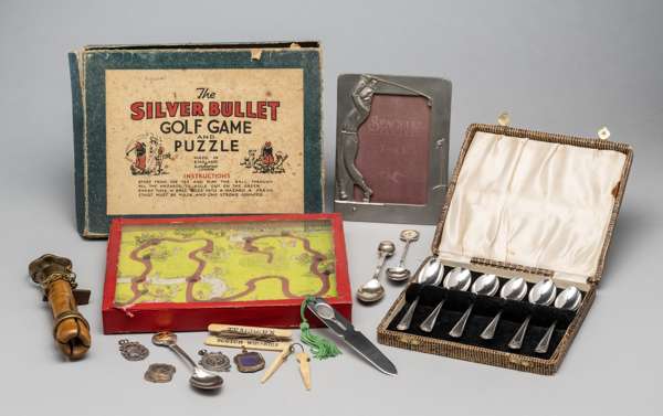 Collection of sporting memorabilia, 
 comprising a set of six Walker & Hall silver teaspoons, hallmarked, cased; a pewter picture frame with figural g
