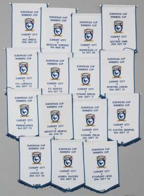 A collector's set of 15 Cardiff FC European Cup Winners' Cup pennants,
 inscribed with details of matches between 1967 and 1993, all in uniform design