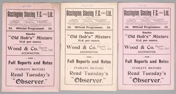 Three Accrington Stanley home programmes season 1922-23,
 F.L. Division Three North fixtures v Rochdale, Hartlepools and Stalybridge Celtic