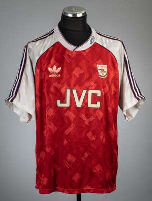 Anders Limpar part- team signed red Arsenal no.11 home jersey, season 1990-91,
 Adidas, short-sleeved with club crest and sponsor logo, white collar e