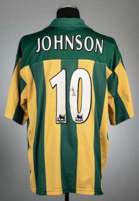 Andy Johnson signed green and yellow West Bromwich Albion no.10 away jersey, season 2001-02,
 The Baggies, short-sleeved with THE FA PREMIER LEAGUE sl