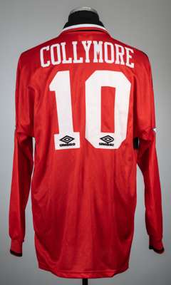 Stan Collymore red and black Nottingham Forest no.10 home jersey, season 1994-95,
 Umbro, long-sleeved with THE FA PREMIER LEAGUE sleeve badges, club 