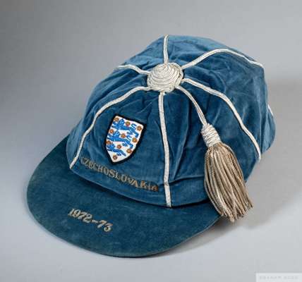 Peter Shilton blue England v. Czechoslovakia International cap, 1972-73
 the blue velvet cap with white tassel and silvered braiding, embroidered with