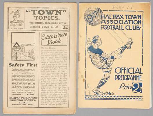 Two Halifax Town home programmes, 

F.L. Division Three North fixtures v Stalybridge Celtic 5th May 1923 and Bradford Park Avenue 17th March 1928, (2)