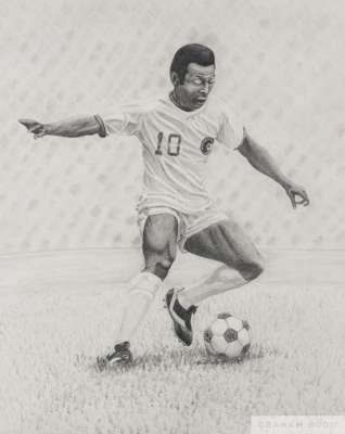 A tribute drawing of Pelé in a New York Cosmos home uniform on the playing field, owned by Pele
 the graphite drawing is signed by the artist and date