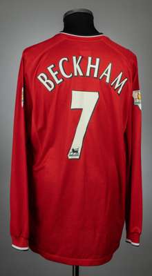 David Beckham red Manchester United no.7 home jersey, season 2000-01,
 match issue, Umbro, long-sleeved with THE FA PREMIER LEAGUE CHAMPIONS sleeve ba