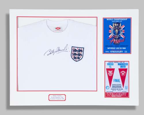 Bobby Charlton autographed white England replica shirt display