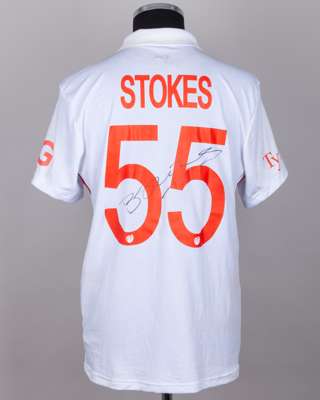 Ben Stokes white and red No.55 England v. India match worn, autographed Red For Ruth shirt