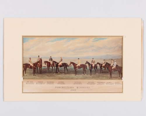 19th century Irish horse racing print titled “Punchestown Winners 1868”