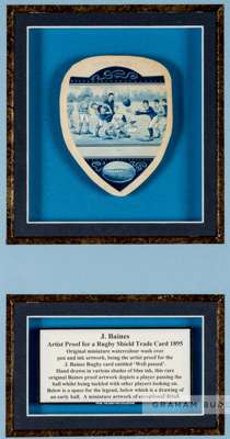 John Baine of Bradford artist's proof for a rugby shield trade card, circa 1895,
 watercolour wash, pen and ink shield shaped artist's proof depicting