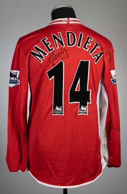 Gaizka Mendieta signed red Middlesbrough no.14 home jersey, season 2005-06,
 Errea, long-sleeved with BARCLAYS PREMIERSHIP sleeve badges, club crest a