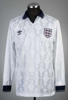 Carl Tiler white England U-21 no.6 home jersey 1990 or 1991
 Umbro, long-sleeved with embroidered England three lion emblem and Umbro logo, reverse nu