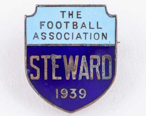 A gilt-metal and enamel Portsmouth v. Wolverhampton Wanderers F.A.Cup steward's badge, 1939