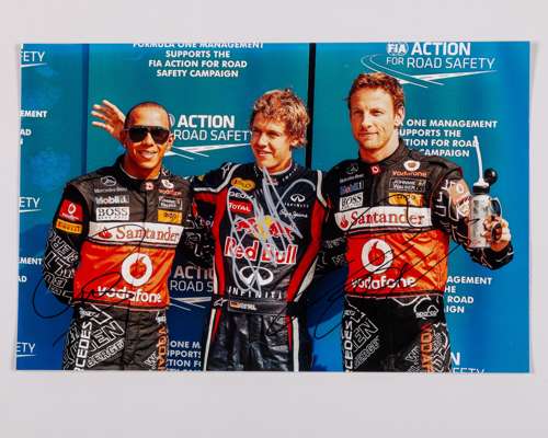 A4 Photo Signed by Lewis Hamilton, Sebastian Vettel & Jenson Button
