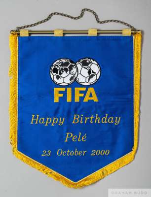 A pennant presented to Pelé in 2000 by FIFA to commemorate his 60th birthday,
 the blue and gold coloured pennant features a metal support bar, metal 