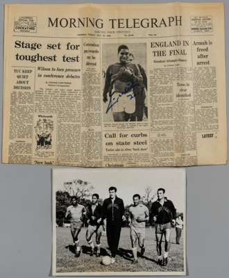 B&w press photograph of the Portugal team training at Greenford ahead of the 1966 World Cup match v England, 
 20 by 25cm. photograph featuring five s