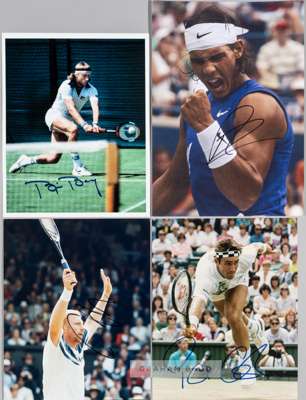 Signed colour press photographs of tennis players,
 including Nadal, Federer, Connors, Borg, Becker, Cash, Djokovic, sold with a Meet Pat cash and Joh