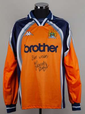 Tommy Wright orange and navy No.1. Manchester City long-sleeved shirt, 1997-98