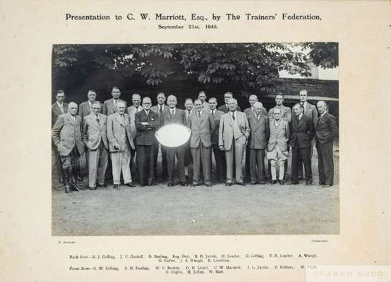 Racehorse Trainers' Federation photograph presented to C.W. Marriott 21st September 1945,
 by R Anscomb of Newmarket, 6 1/2 by 91/2 b&w, formal group,
