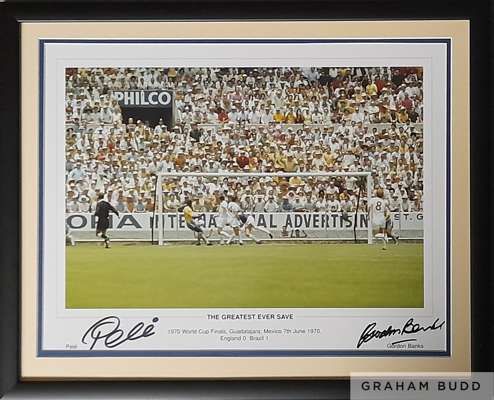 Pele and Gordon Banks “The Greatest Save Ever” hand signed, 
 by both in black sharpie to lower border during two separate private signings, mounted, 
