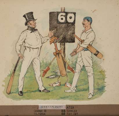 Edwin Alfred Rickards, (British, 1872-1920) "Jubilee Cricket Match", circa 1890s.
 Pen, ink and watercolour, commemorating Queen Victoria's Jubilee in