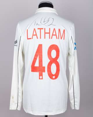 Tom Latham No.48 New Zealand v. England match worn, signed Red For Ruth shirt