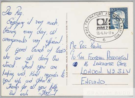 1974 World Cup postcard sent by Final Tie referee Jack Taylor to the Football Association