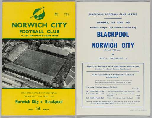 Football League Cup semi-final programme Blackpool v Norwich City first leg played at Norwich, 11th April 1962,
 second leg at Blackpool 16th April 19