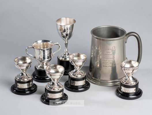 Five silver trophies awarded to the golfer Tom Haliburton between 1932 and 1936,
 comprising replica of the Goudie Cup won by T.B. Haliburton 1932, tw