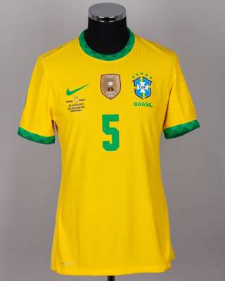Casemiro yellow No.5 Brazil v. Peru Copa America Semifinal short-sleeved shirt, 2021