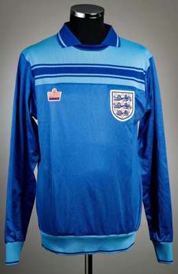 Blue England no.1 goalkeeping jersey, circa 1983, 
 Admiral, long-sleeved with three lion badge, red Admiral badge, reverse numbered 1, size 41-43in.,