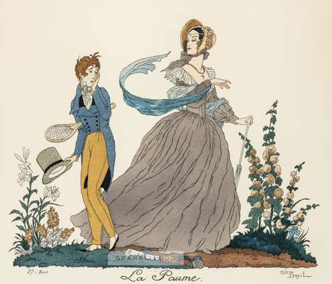 French real tennis colour lithograph titled 'La Paume' by Jean Droit (1884-1961) who designed the Official Poster for the Paris 1924 Olympic Games,
 n