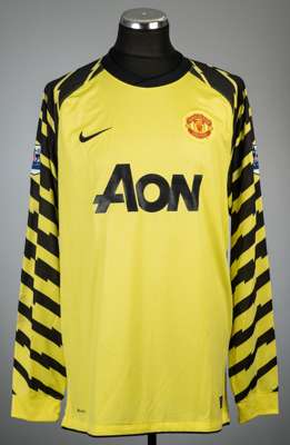 Edwin van der Sar yellow Manchester United no.1 goalkeeper's home jersey, season 2010-11,
 Nike, long-sleeved with BARCLAYS PREMIER LEAGUE sleeve badg