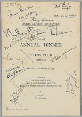 Multiple signed Sports Writers' Association 7th Annual dinner, held at the Press Club, London on 8th December 1955, 
 signed on the front cover in ink